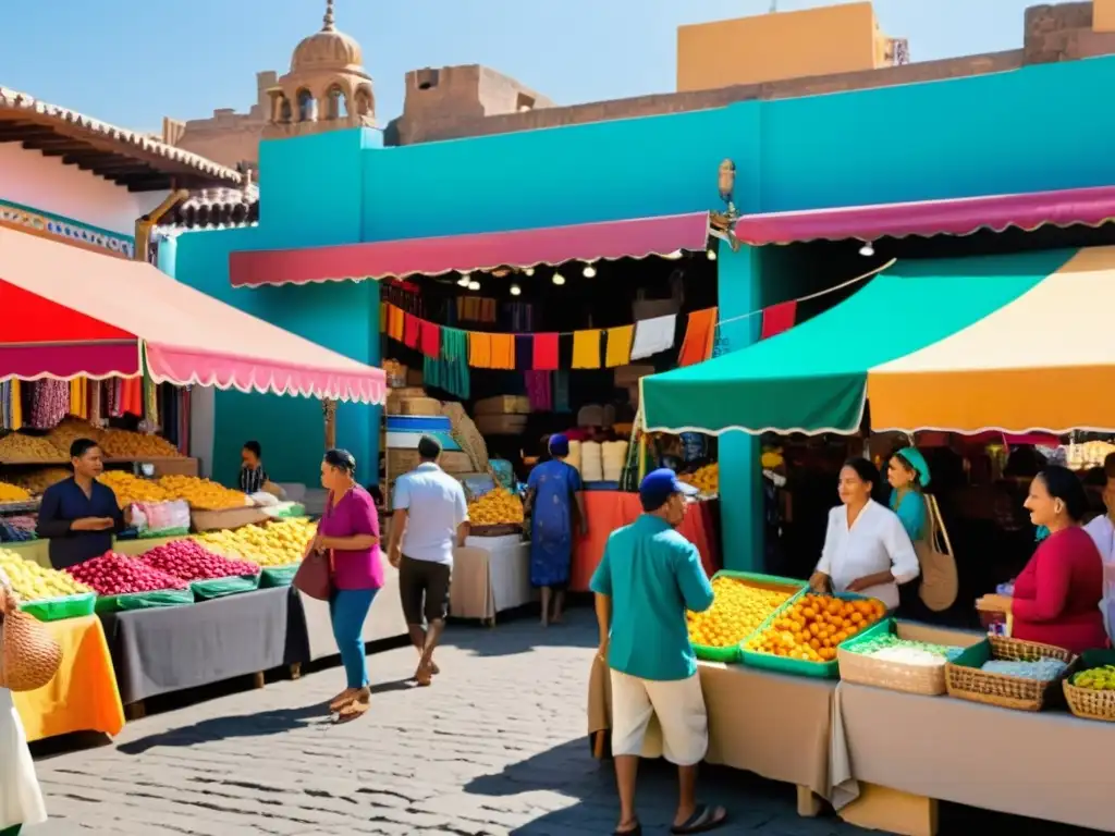 Mercado bullicioso en una ciudad fronteriza, con vendedores ofreciendo diversos productos bajo toldos coloridos