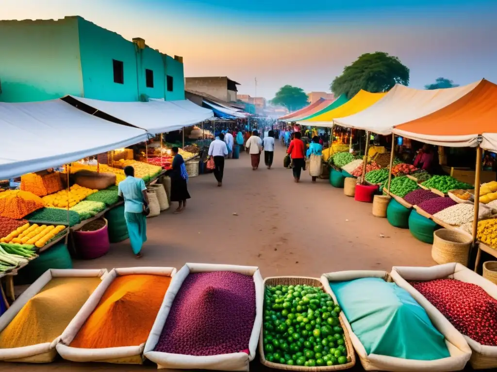 Un mercado bullicioso en una economía en desarrollo, con vendedores ofreciendo coloridos productos bajo la luz del atardecer