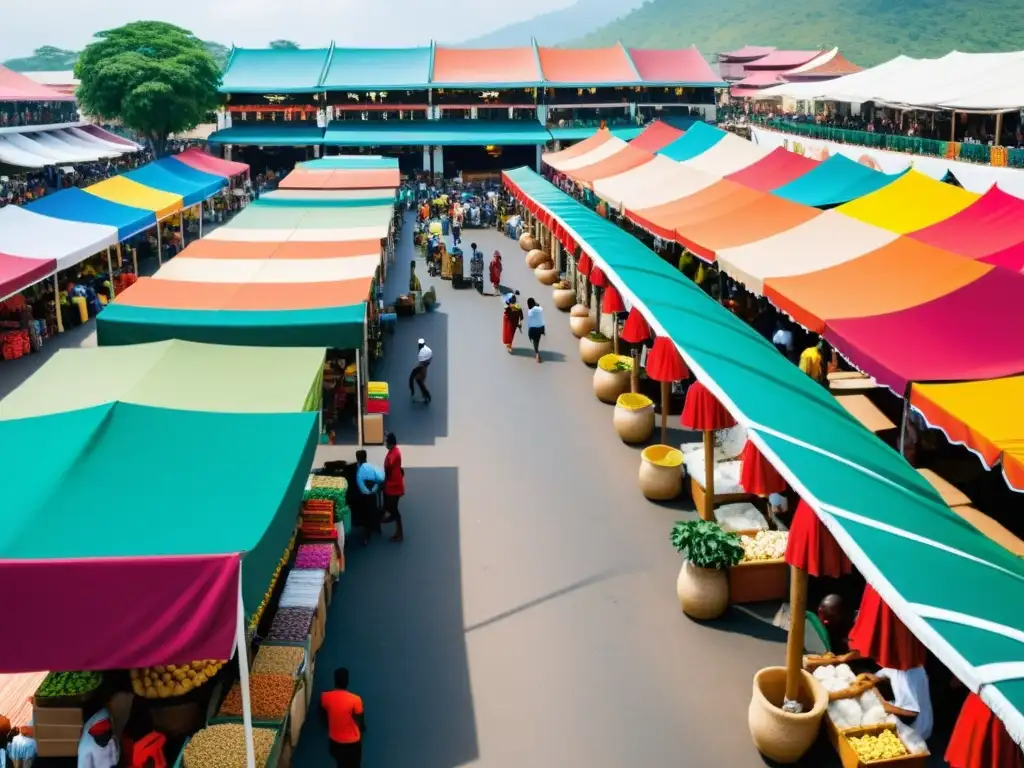 Mercado bullicioso en economía emergente, con variedad de vendedores bajo toldos de colores