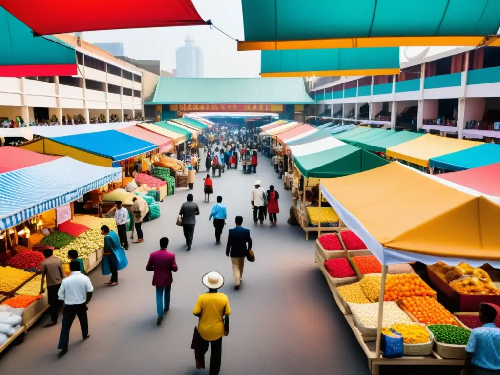 Mercado bullicioso en economía emergente, con puestos coloridos y productos diversos