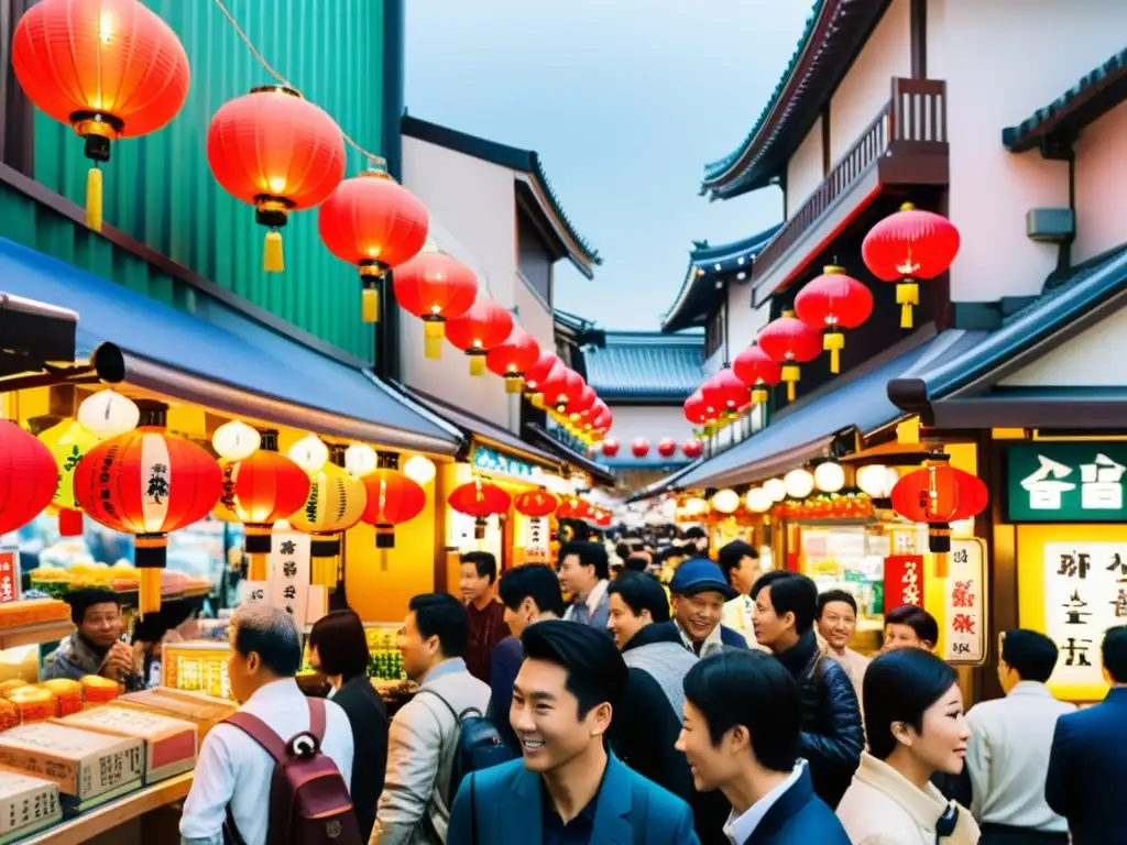 Mercado bullicioso en Tokio, Japón, con letreros vibrantes, multitudes y linternas tradicionales