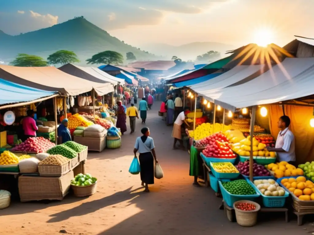 Un mercado bullicioso en un país en desarrollo, con vendedores ofreciendo una variedad de productos y compradores explorando los coloridos puestos