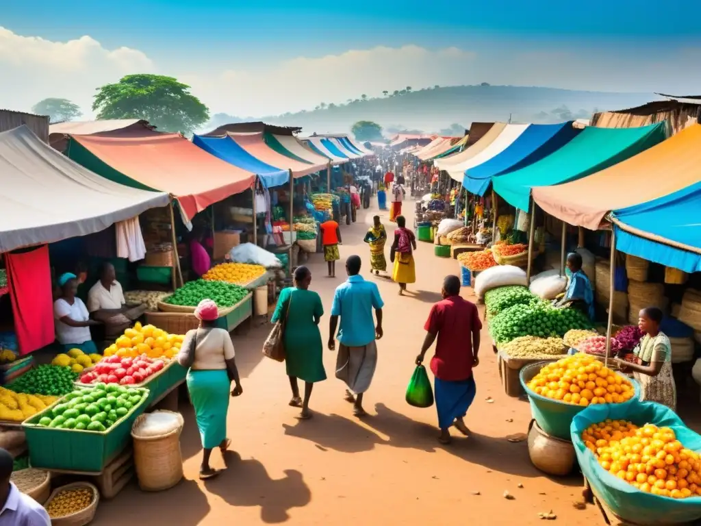 Un mercado bullicioso en un país en desarrollo, con vendedores ofreciendo coloridos productos bajo un cielo soleado