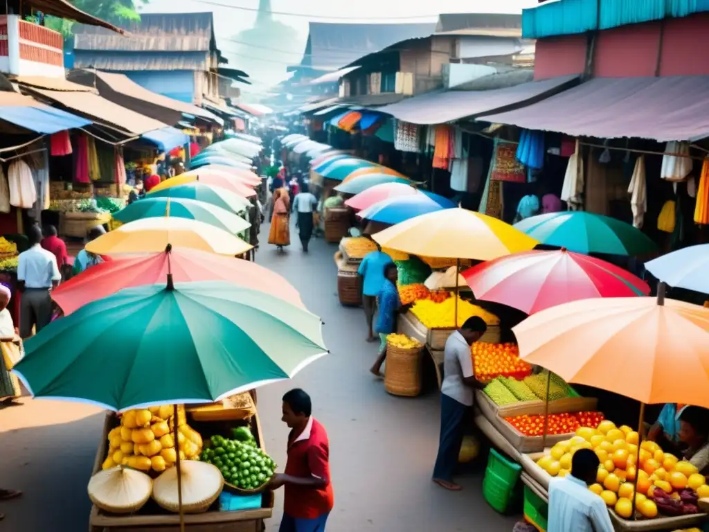 Mercado bullicioso en un país en desarrollo, con vendedores y clientes bajo coloridos paraguas