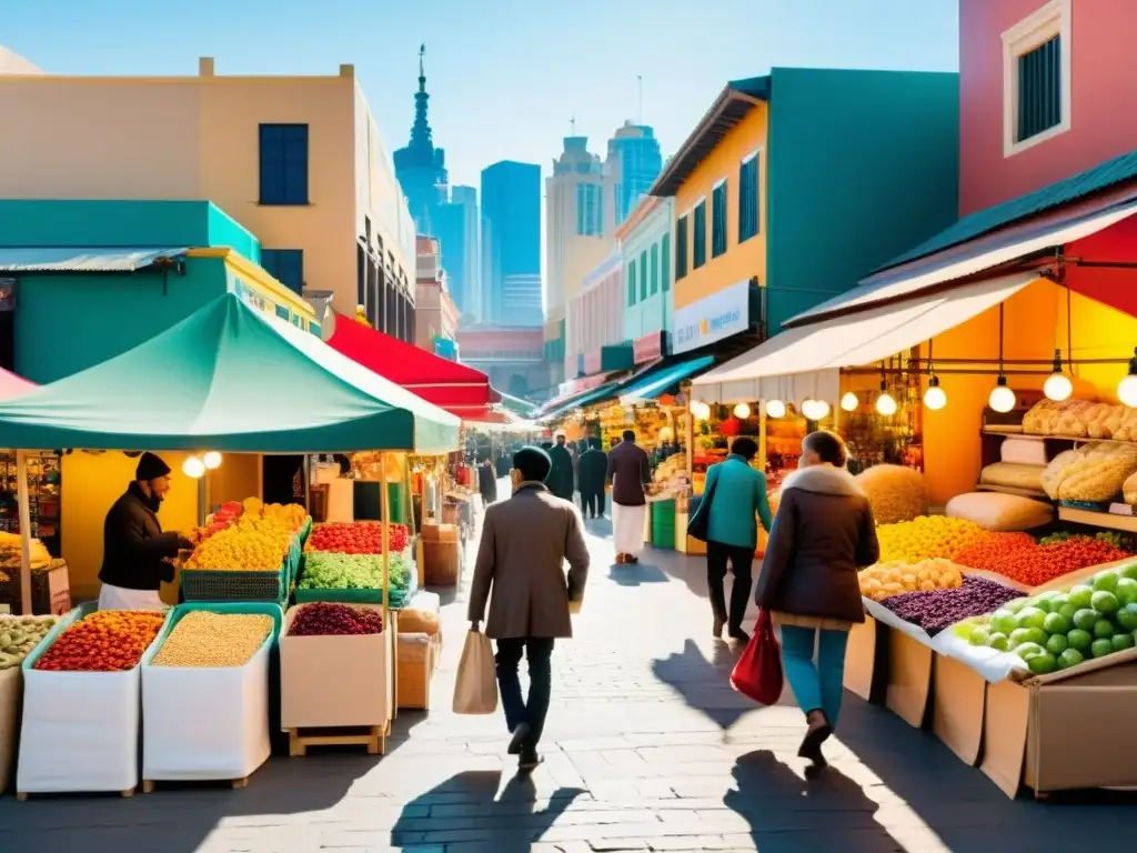 Un mercado bullicioso en un país emergente, con vendedores y coloridas tiendas