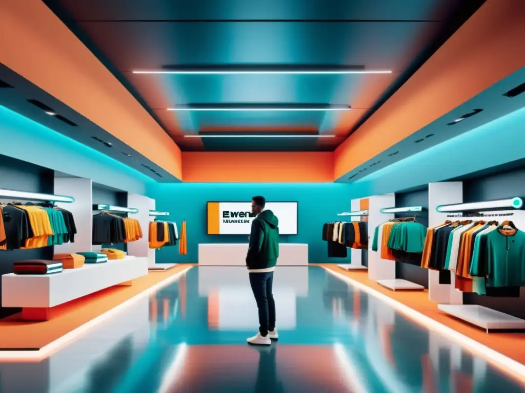 Un mercado futurista con colores vibrantes y líneas limpias, mostrando la innovación de los marketplaces especializados en comercio electrónico