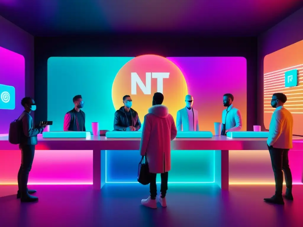 Un mercado futurista de NFTs con avatares digitales y esculturas vibrantes, en un ambiente moderno y cautivador