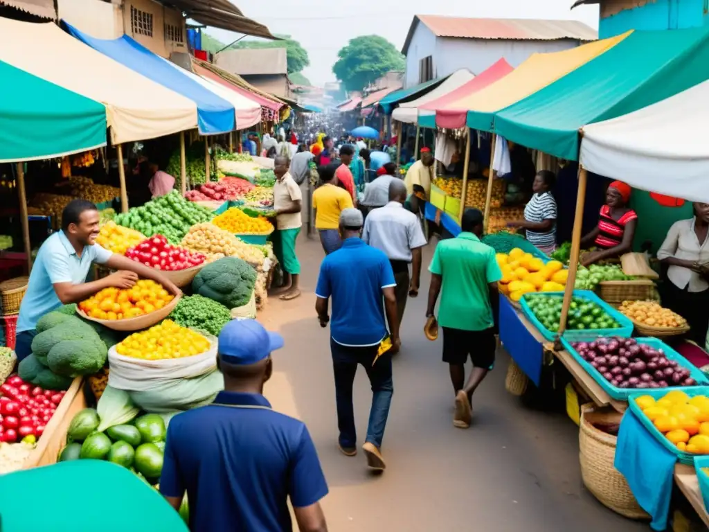 Mercado vibrante en barrio pobre, muestra el impacto del ecommerce en la comunidad vulnerable, con colores y energía comerciante