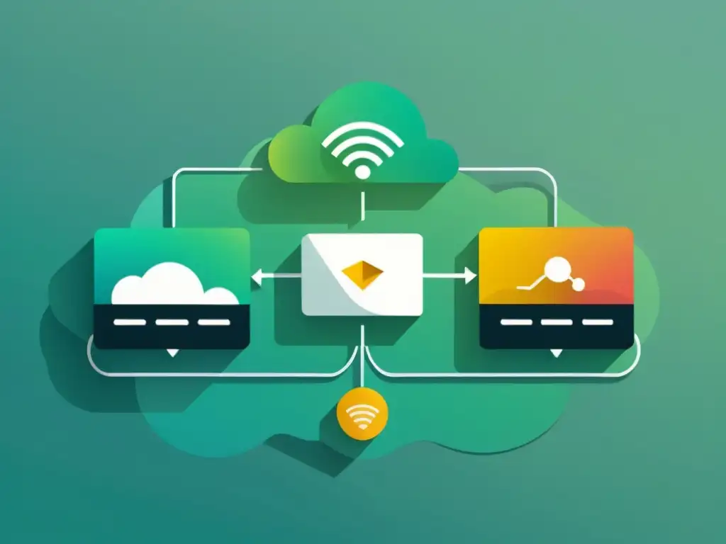 Migración de plataformas de ecommerce: Ilustración minimalista de transferencia de datos entre plataformas, con flujo eficiente y sofisticado