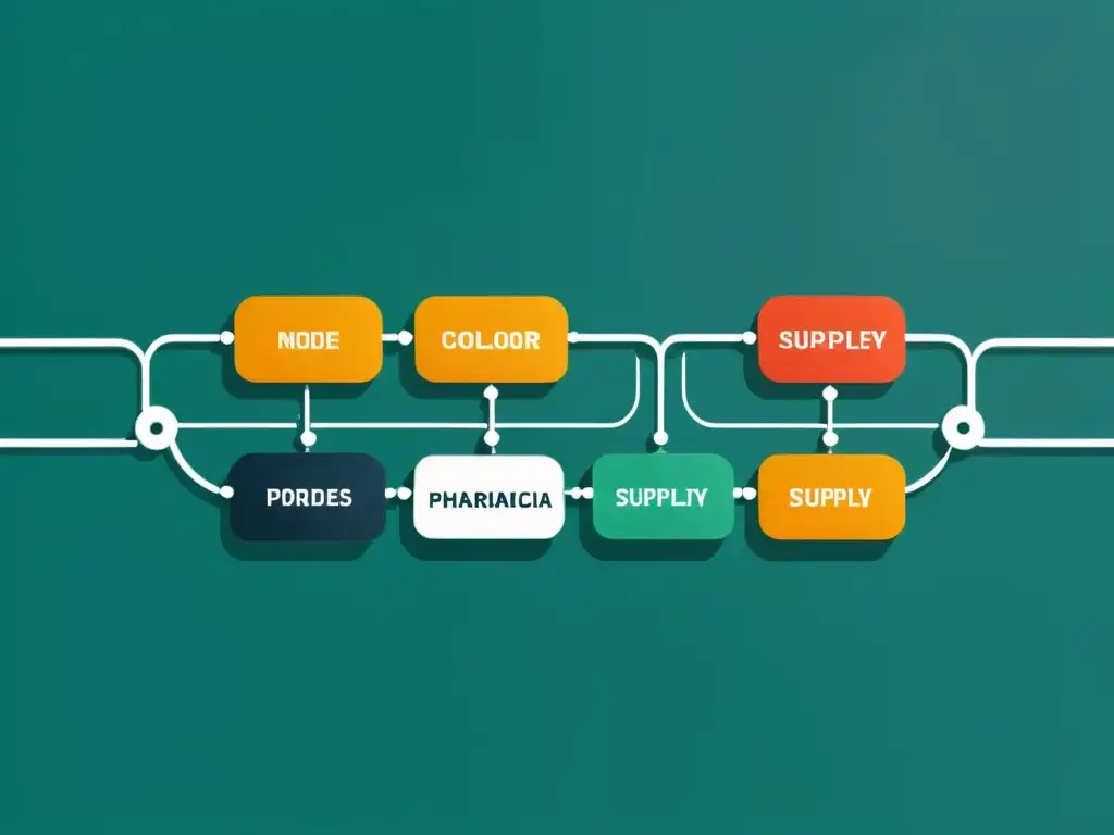 Representación minimalista de la gestión de la cadena de suministro en la industria farmacéutica, con nodos interconectados y flujo de productos farmacéuticos