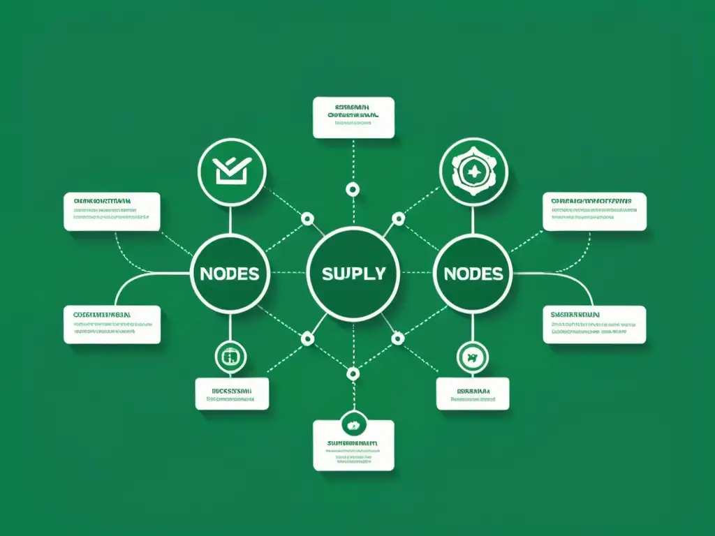 Minimalista ilustración de una cadena de suministro sostenible con nodos interconectados que representan distintas etapas de producción y distribución