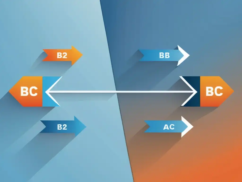 Minimalista ilustración de dos caminos paralelos, B2B y B2C, convergiendo hacia un punto, representando las diferencias en envíos Ecommerce B2B B2C