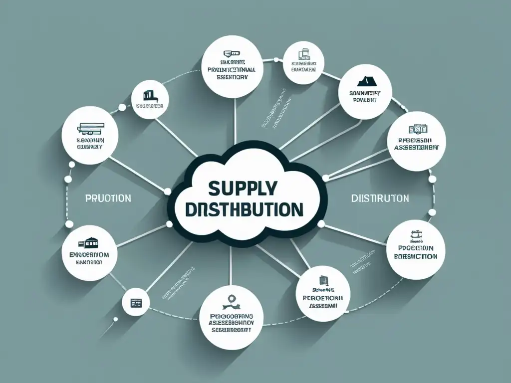 Una representación minimalista y detallada de una red de cadena de suministro, con nodos interconectados que ilustran la gestión de riesgos en cadena de suministro en un diseño moderno y elegante