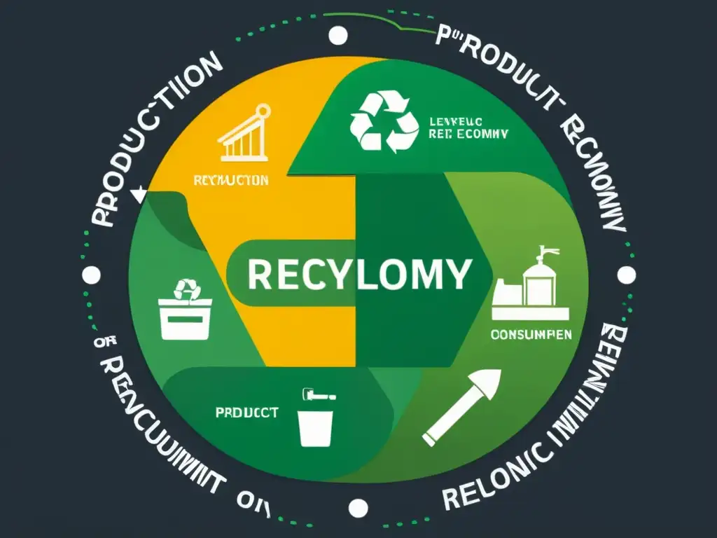 Ilustración minimalista de la economía circular en comercio electrónico, mostrando las etapas del proceso de reciclaje del producto