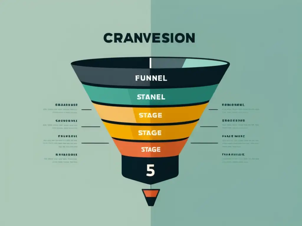 Minimalista ilustración de un embudo con diversas etapas, desde una amplia apertura hasta la conversión de leads