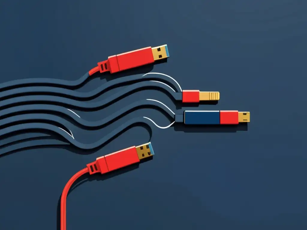 Una ilustración minimalista muestra el enredo de cables de computadora, simbolizando los riesgos y estrategias shadow IT en ecommerce