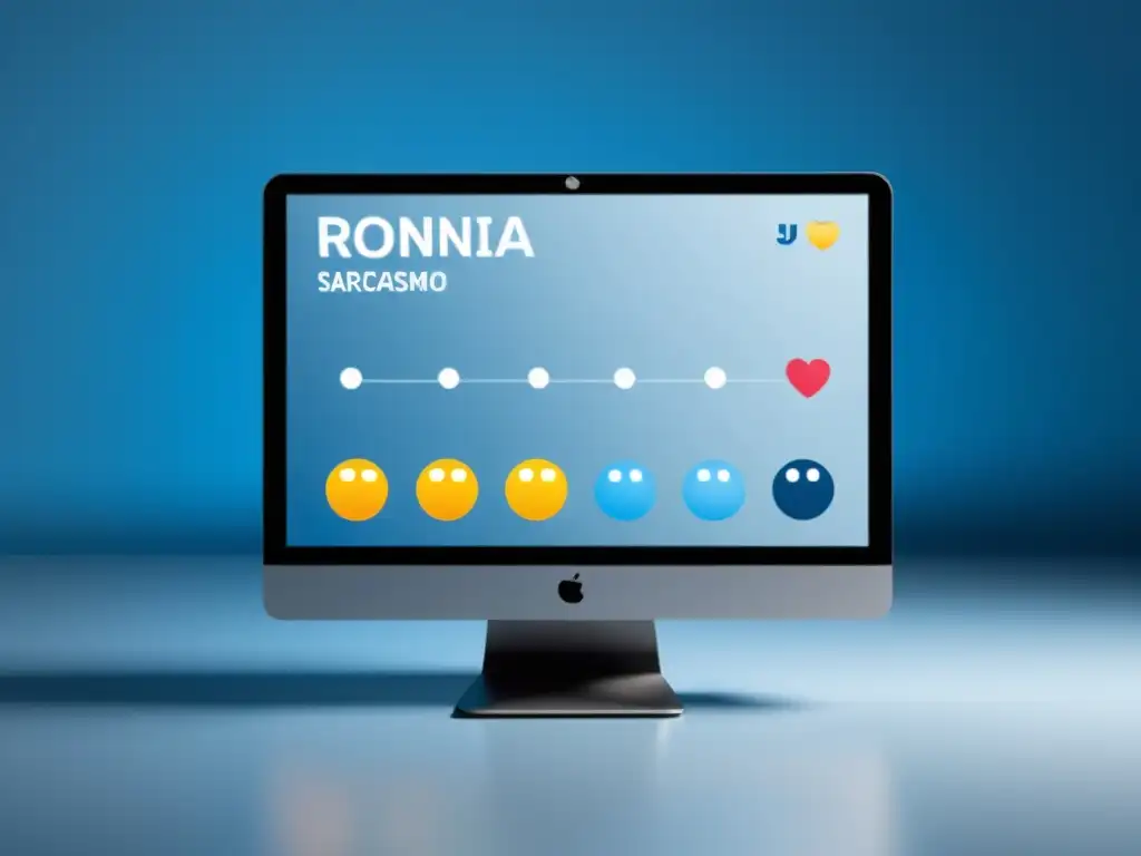 Minimalista gráfico de análisis de sentimiento online con sección 'ironía y sarcasmo' destacada, rodeada de emoticonos