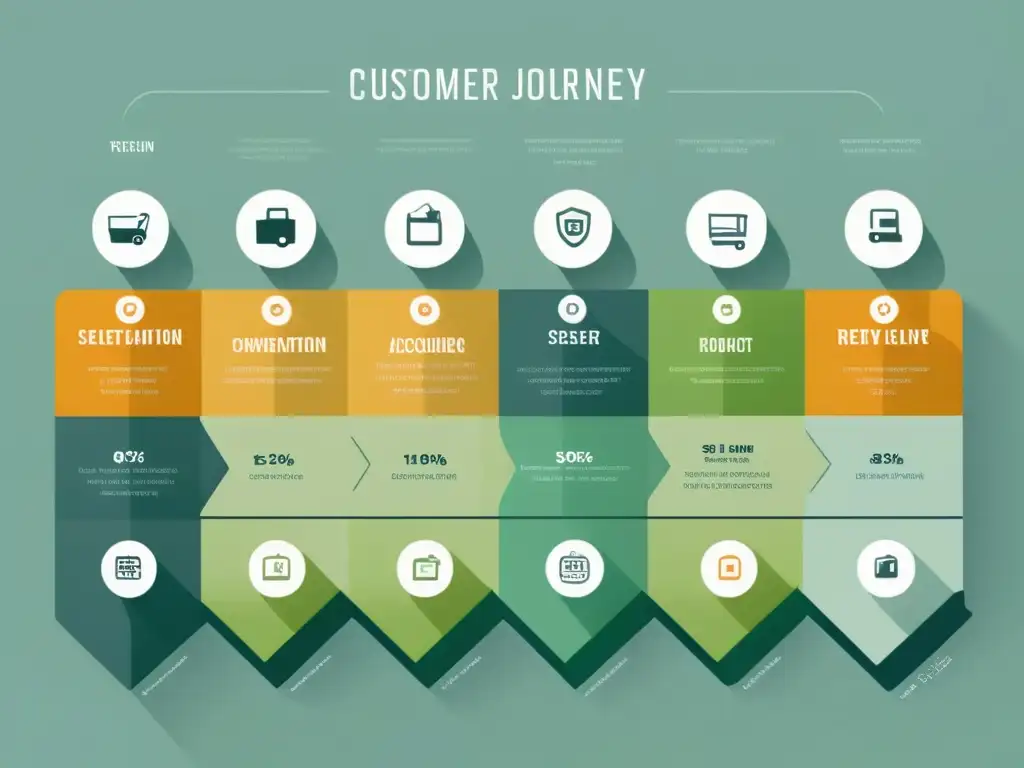 Minimalista mapa del ciclo de vida del cliente ecommerce, con diseño moderno y paleta de colores suaves, muestra etapas clave de la experiencia