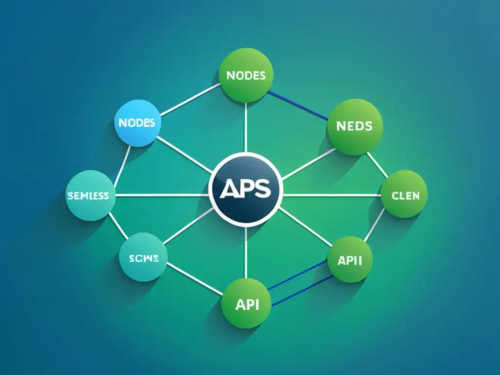 Una representación minimalista y moderna de la integración de API en comercio electrónico, con nodos interconectados en tonos azules y verdes