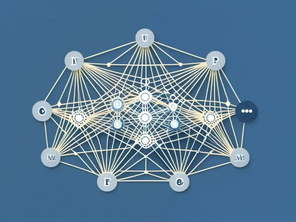 Ilustración minimalista de nodos interconectados y líneas, representando un algoritmo complejo en Sistemas de Recomendación Avanzados IA