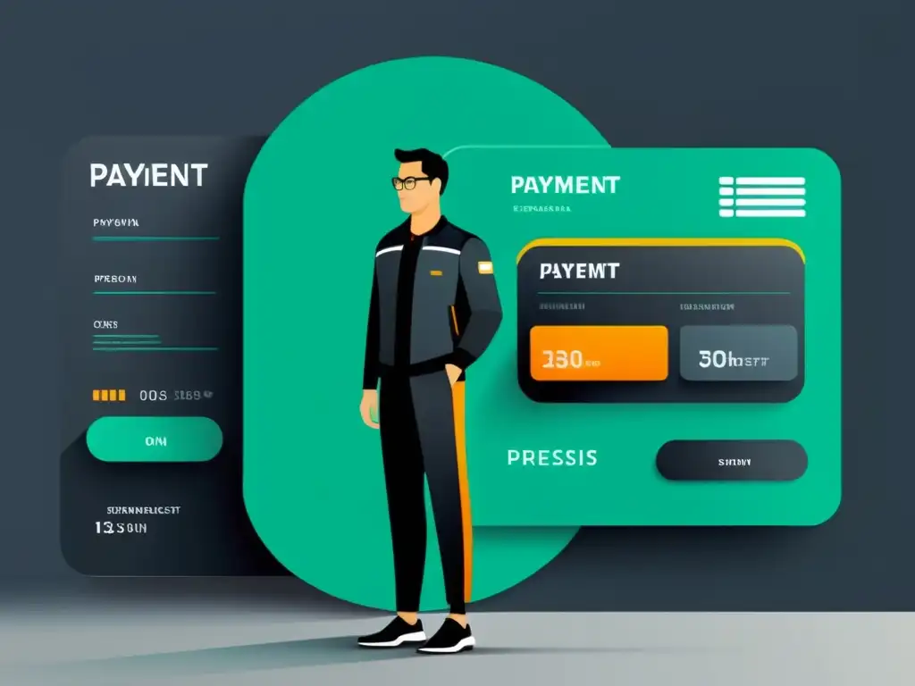Representación minimalista de un proceso de pago online futurista, con interfaces elegantes y elementos de visualización de datos para mostrar el impacto del big data en la experiencia del usuario