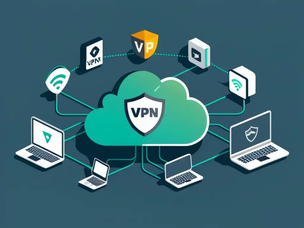 Representación minimalista de una red segura e interconectada de dispositivos y servidores, simbolizando la importancia de VPN en comercio electrónico