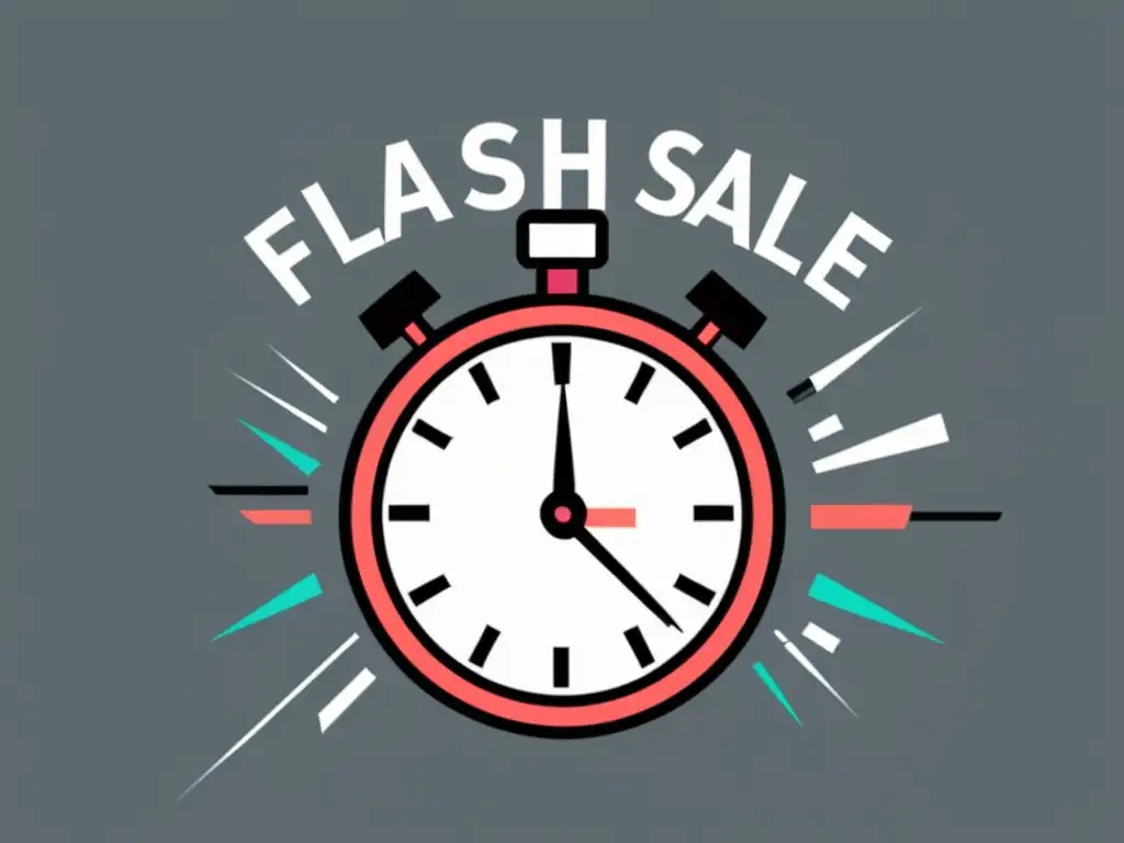 Minimalista ilustración de reloj con 'Flash Sale' en escala de grises y toques de color