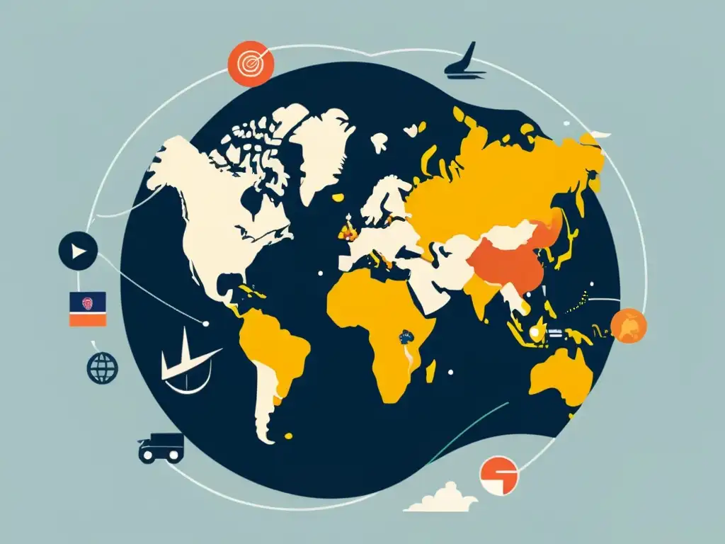 Minimalista ilustración de rutas comercio global, íconos de industrias convergen, simbolizando impacto economía colaborativa y comercio electrónico