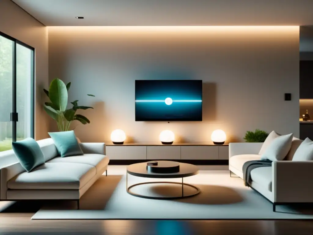 Minimalista sala de estar con dispositivos IoT elegantes, luces y cámaras de seguridad, creando un ambiente de moderna sofisticación