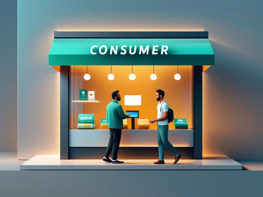 Ilustración minimalista de una tienda digital, transmitiendo confianza y profesionalismo en el comercio electrónico y los derechos del consumidor