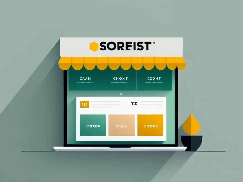 Minimalista ilustración de una tienda digital con estrategias de contenido para ecommerce, diseño moderno y sofisticado