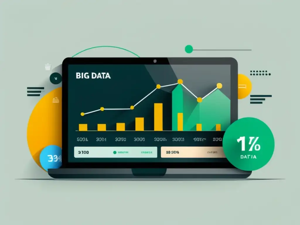 Ilustración minimalista de una tienda digital con gráficos de análisis, destacando el desarrollo de productos ecommerce con Big Data