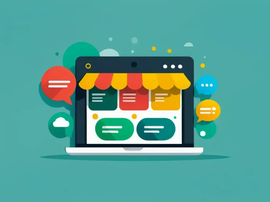 Ilustración minimalista de una tienda digital rodeada de bocadillos con comentarios positivos de usuarios, simbolizando la importancia del feedback de usuarios en el desarrollo de un ecommerce exitoso