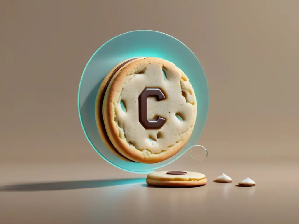 Representación minimalista de una tienda virtual con una cookie transparente, ilustrando el cumplimiento de la legislación de cookies en la tienda virtual