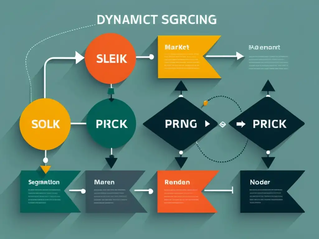 Implementación modelos precios dinámicos ecommerce: Gráfico minimalista y dinámico de un flujo de precios, con nodos interconectados y datos clave