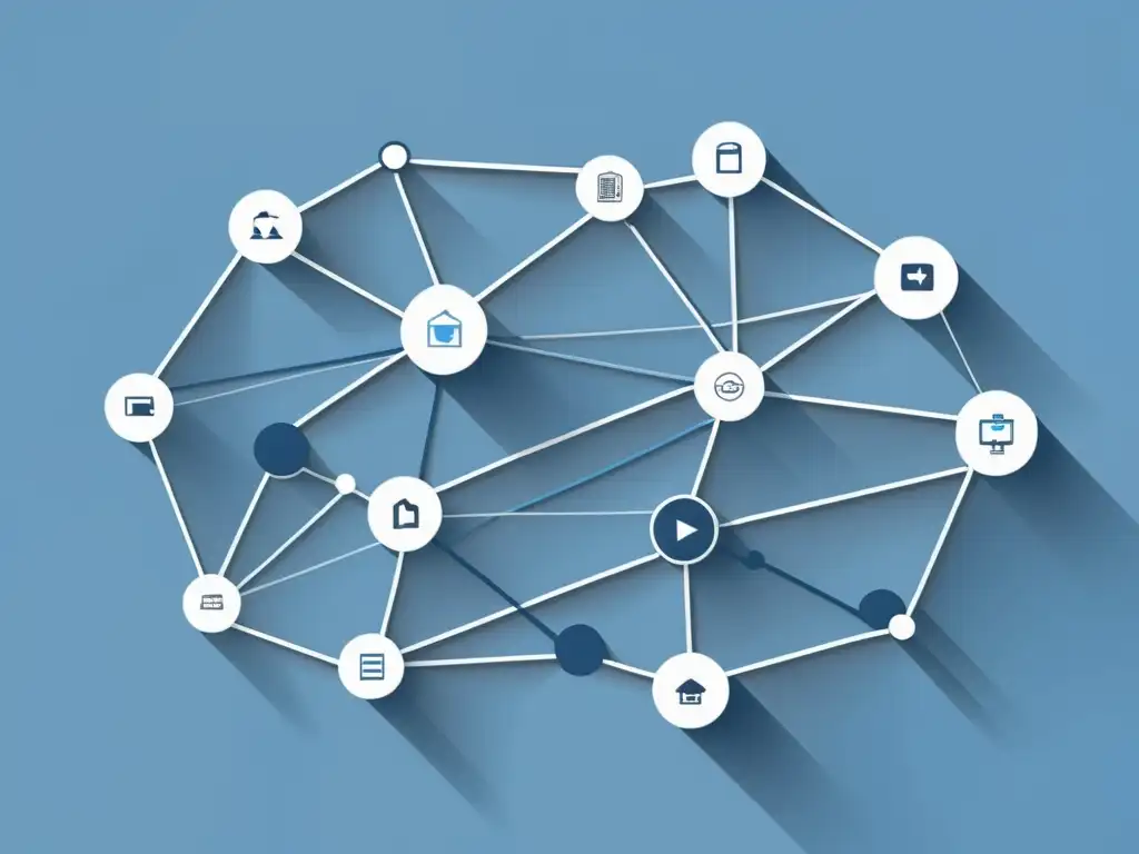 Implementación de modelos de precios dinámicos en ecommerce: ilustración minimalista de una red de datos interconectados en tonos de azul y gris, transmitiendo sofisticación y complejidad