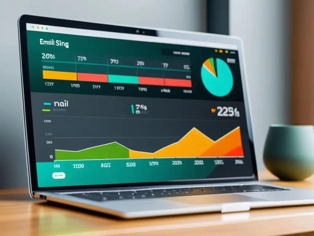Una moderna y elegante interfaz de email marketing en pantalla, con gráficos analíticos y colores profesionales