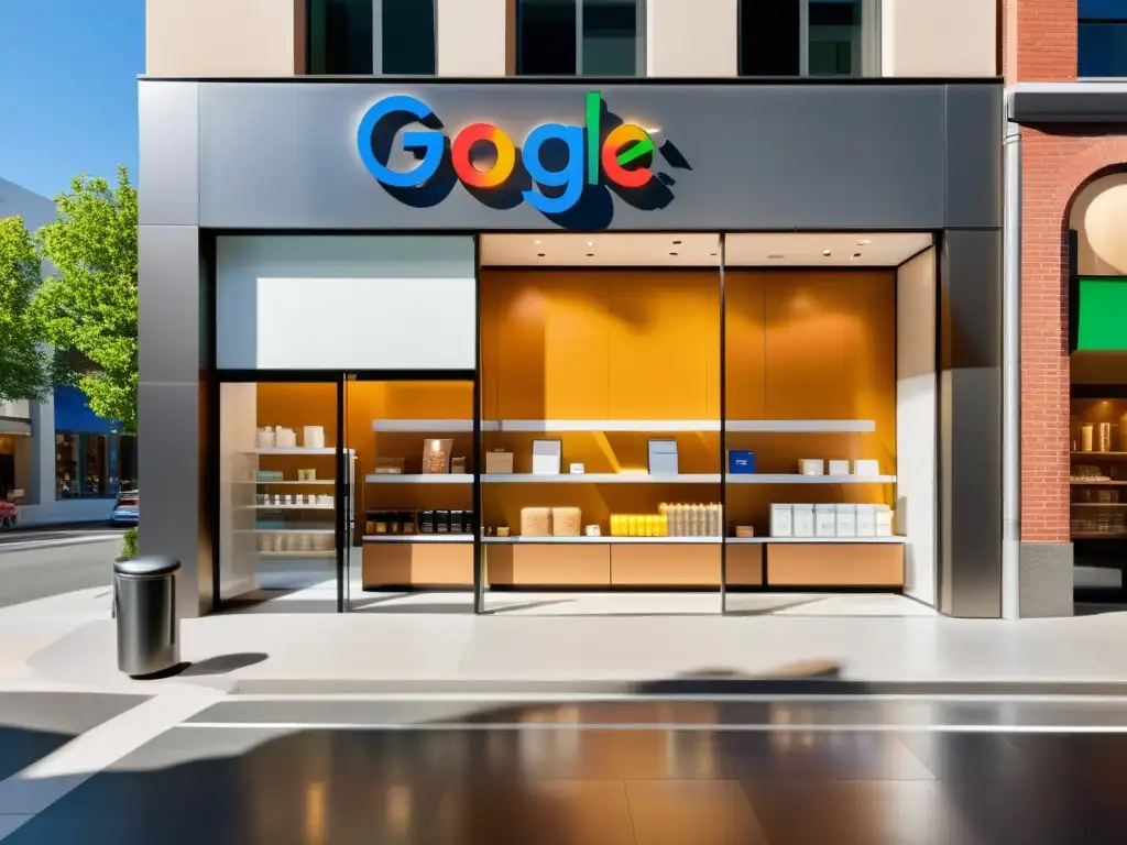 Una moderna tienda con escaparate amplio muestra productos, reflejando eficiencia y atractivo de Google Shopping para aumentar ventas