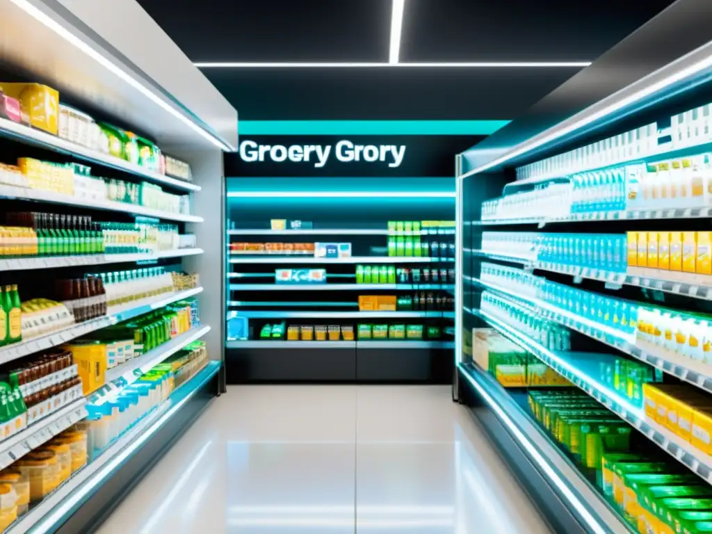 Tienda de comestibles moderna con etiquetas electrónicas Modernas etiquetas electrónicas de productos en un supermercado, ofreciendo información detallada y visualmente atractiva