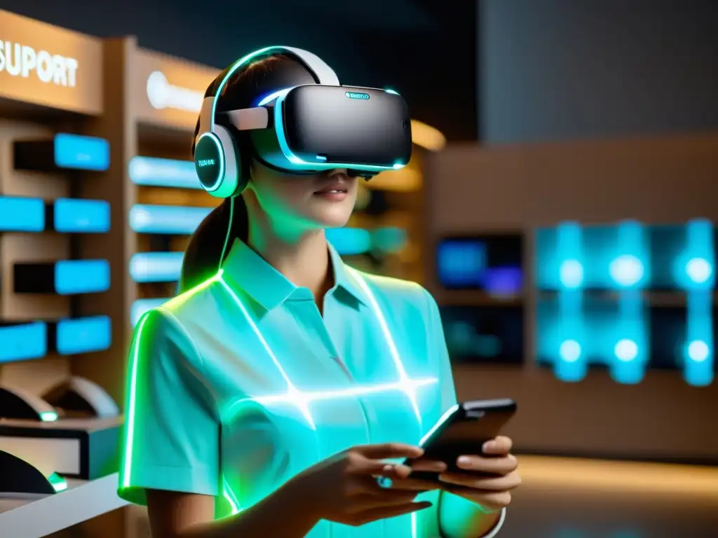 Un moderno headset de realidad virtual con un agente de soporte al cliente holográfico en un entorno de ecommerce