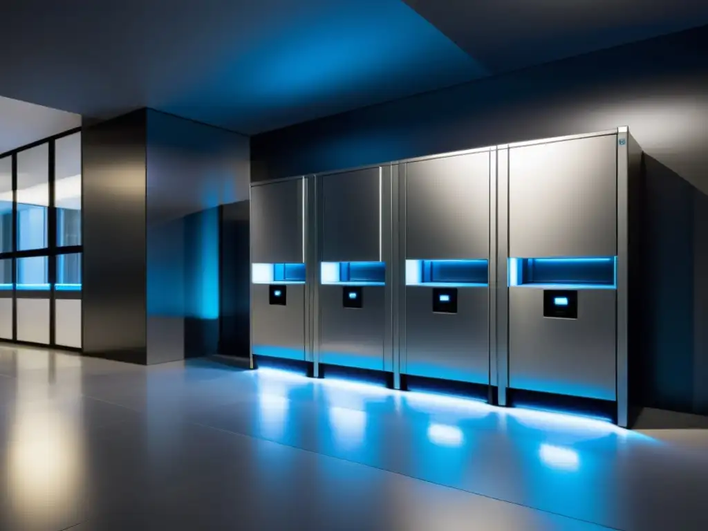 Moderno lobby con lockers inteligentes para recepción de paquetes, iluminación suave y pantalla táctil, en edificio de oficinas o apartamentos