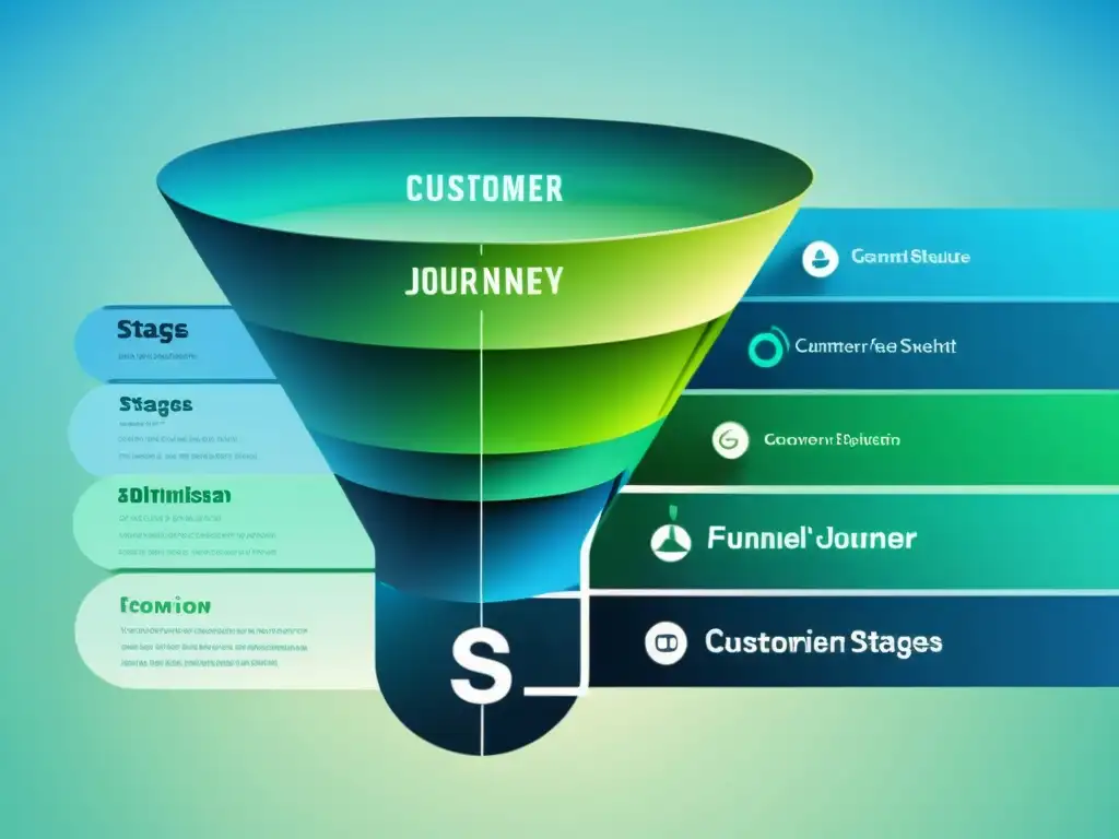 Un moderno y minimalista embudo de conversión con etapas claramente definidas en tonos azules y verdes