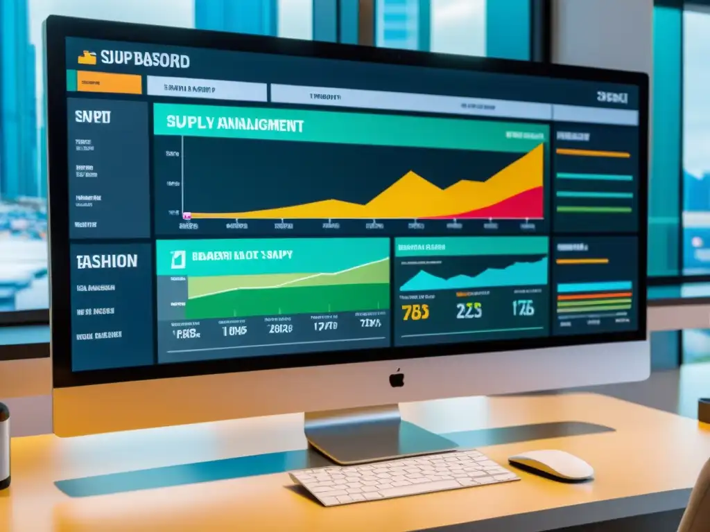 Un moderno panel de gestión de cadena de suministro en pantalla grande, muestra datos logísticos en tiempo real