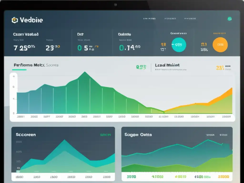 Un moderno panel de control web con métricas de rendimiento, transmitiendo eficiencia y profesionalismo para mejorar velocidad de carga sitio web