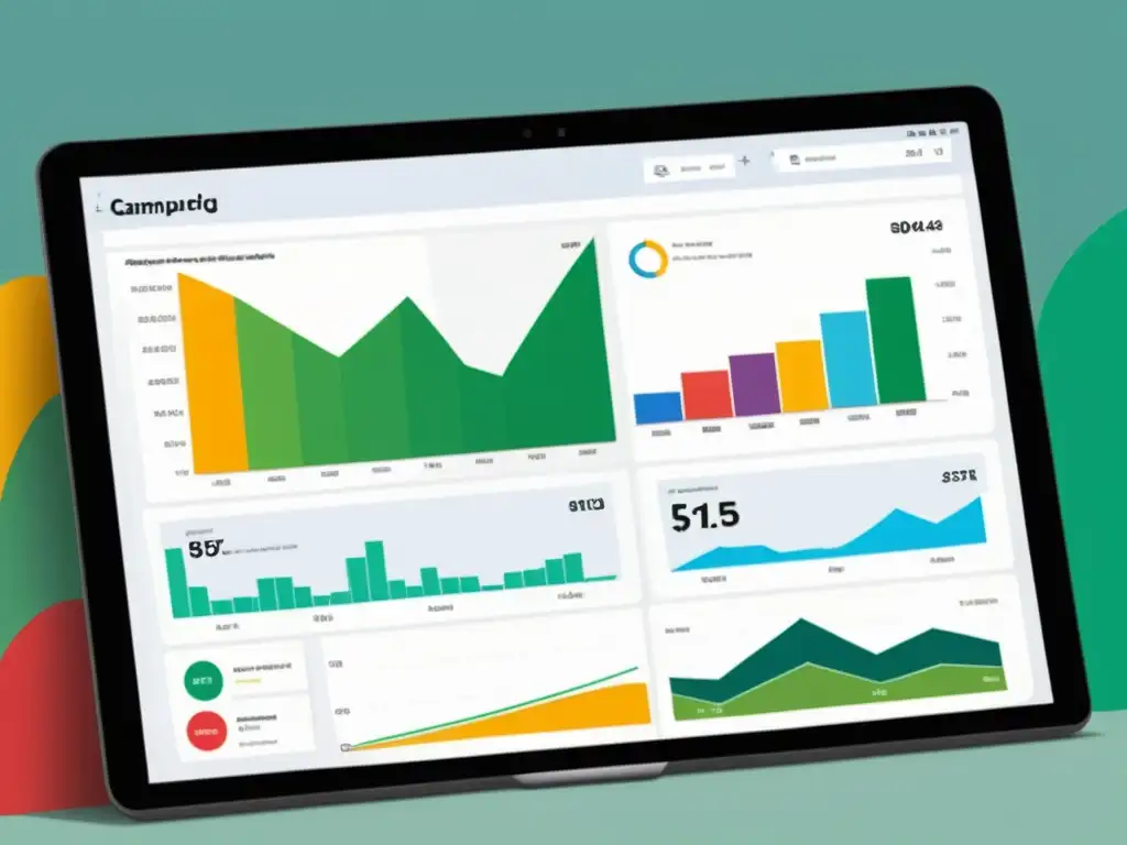 Un moderno panel de marketing digital con gráficos vibrantes e intuitivos, capturando la esencia del diseño de campañas rentables PPC