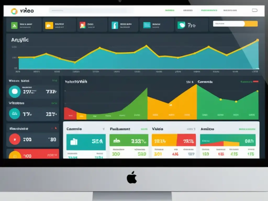 Un moderno y vibrante panel de análisis de marketing de video en redes sociales, destacando métricas en tiempo real como visualizaciones y comentarios