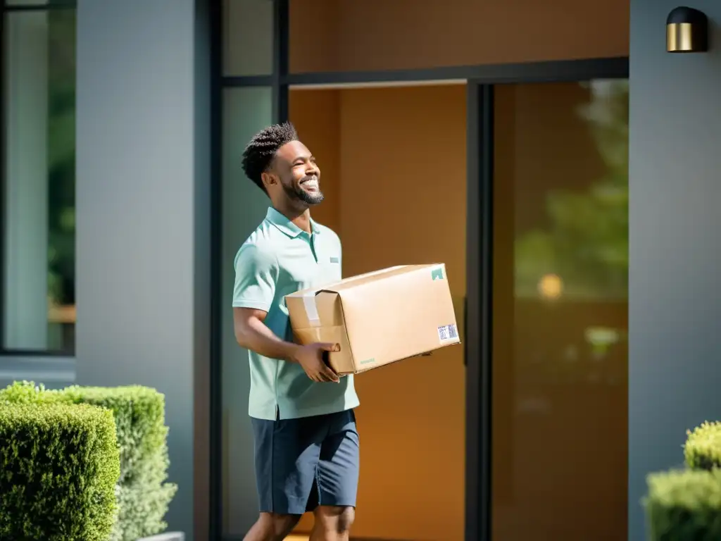 Un momento cálido de entrega, el delivery person brinda un paquete a un cliente sonriente en la puerta