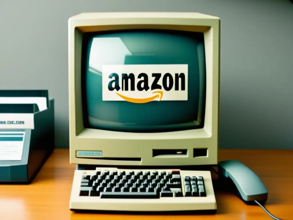 Un monitor vintage muestra la antigua web de Amazon rodeado de equipo retro de oficina