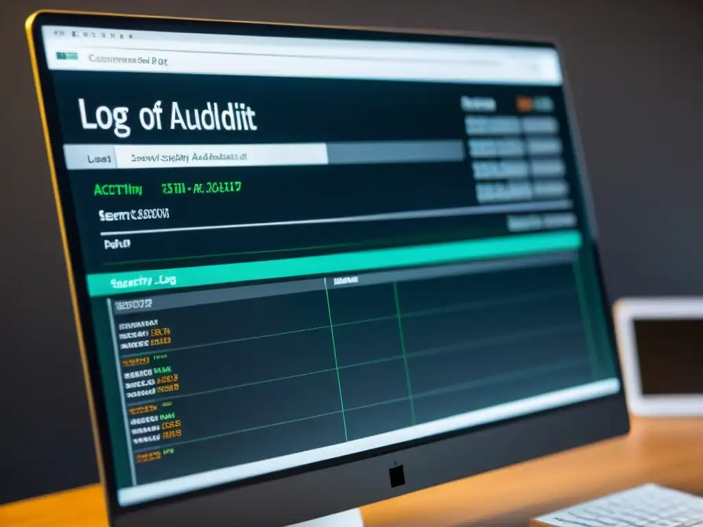 Monitor de computadora con registros de actividad de seguridad en interfaz minimalista