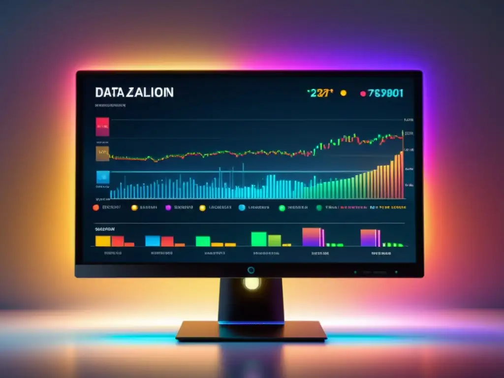 Monitor moderno muestra visualización dinámica de datos y análisis de sentimiento Big Data con gráficos y nodos brillantes